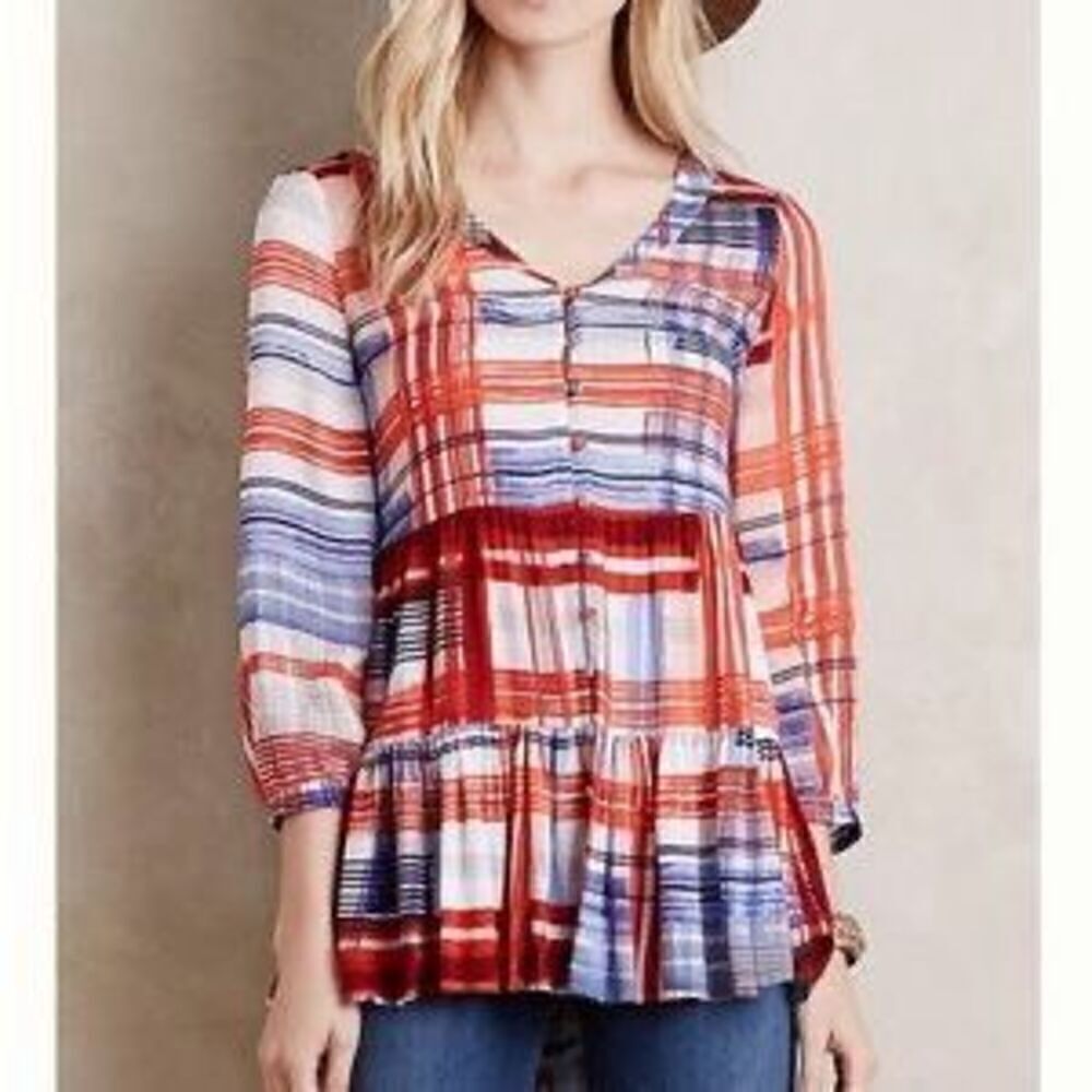 Maeve Anthropologie Lila Tiered Peasant Top Red White Blue Stripe size small